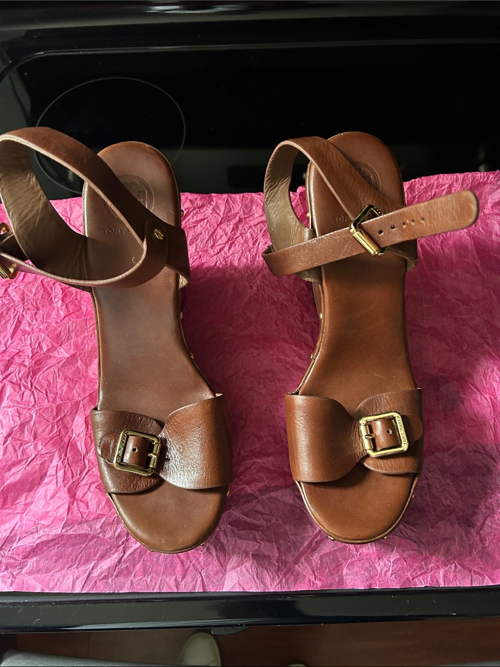Tory Burch Brown Leather Ankle-Strap Sandals with Gold Buckles